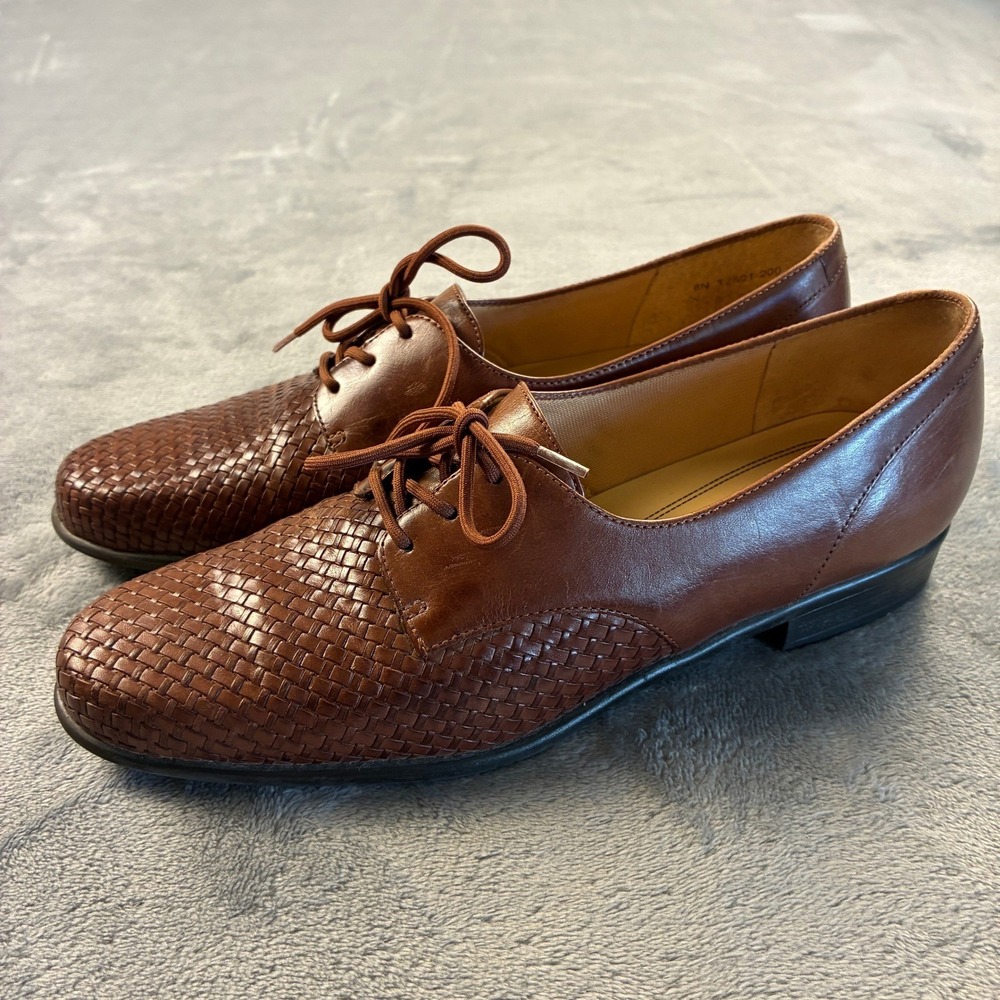 Trotters Womens Brown Woven Leather Lace Up Oxford Shoes Size 8N Preppy Classic